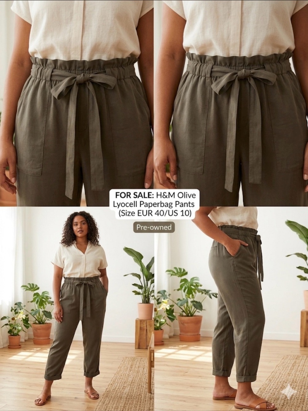 H&M Olive Green Paperbag Waist Pants - Size 10 (Worn Once)